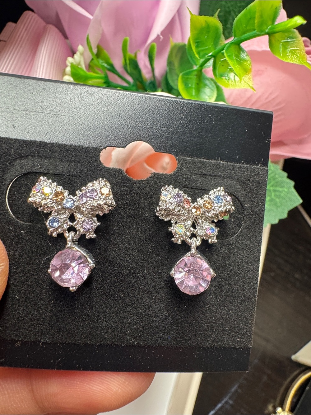 Crystal Butterfly Drop Earrings - Pink